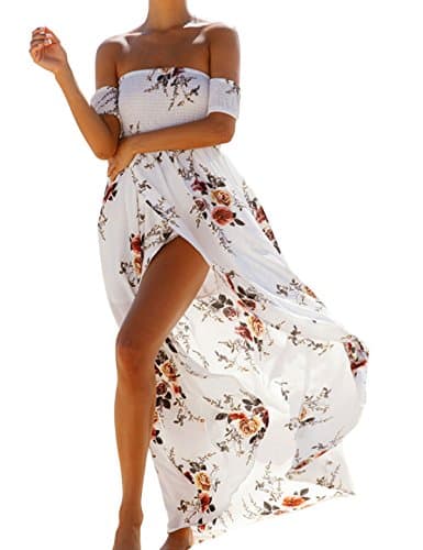 EBUYTIDE Women's Boho Off the Shoulder Floral Print Split Beach Party Maxi Dress X-large(White)