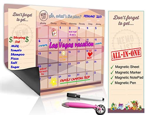 Refrigerator Calendar Kit – Includes Magnet Board/ Magnetic NotePad / Magnetic Dry Erase Marker + Eraser Top / Design Magnetic Pen – Easily Write & Wipe (Pink-Purple)