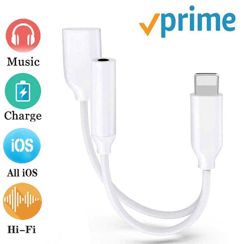 Adapter for iPhone Headphone Dongle 3.5 mm Jack Audio Charging Adaptor for iPhone X/Xs Max/XR/8/8Plus/7/7Plus Dual Ports Car Charger & AUX Adapter Connector Earphones Splitter Support All iOS - White