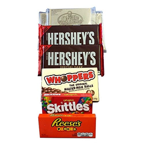 Ultimate Movie Binge Watching Survival Kit Bundle Box – 8 Item Gift Set, Popcorn (3), Giant Hersheys Dark Chocolate (2), Whoppers Original Malted Milk Balls (1), Skittles (1), Reese’s Pieces (1)