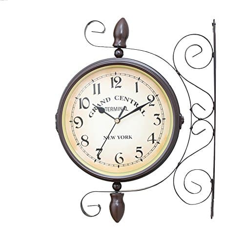 Desire Life Wall Hanging Clock Wrought Iron Rustic Antique Double Sided Two Faces Retro Clock 360° Rotation for Home/Wall/Station Decor and Art with Scroll Wall Side, 8-inch