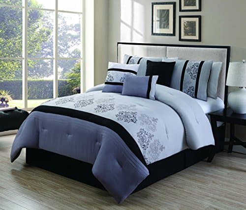 Haven 7 Piece Queen Embroidered Luxury Comforter Set -Black/White/Grey
