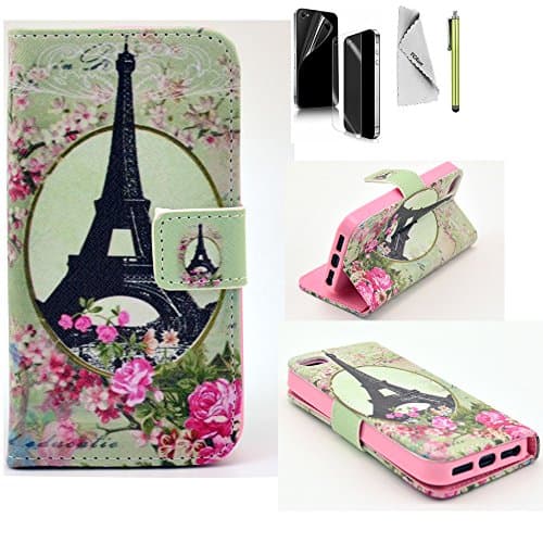 For iPhone 5s Case YCAun Wallet Flip Folio Cute PU Leather Stand Slim Fit Case With Card Holder Pocket Stylus Screen Protector and Cleaning Cloth [Beautiful Eiffel Tower Retro Vintage]