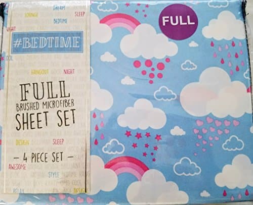 #Bedtime by Keeco 4pc Full Sheet Set Rainbows Clouds and Hearts Blue Pink and White
