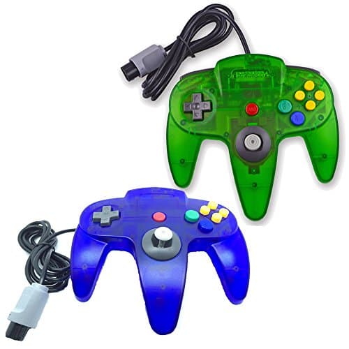 Pomilan 2 Packs Classic Retro Wired Controllers For Nintendo 64 (Clear Blue and Clear Green)