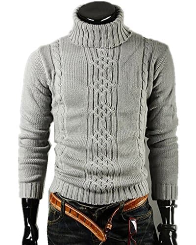 Kalanman Mens Solid Color Turtleneck Slim Fit Long Sleeves Cable Knit Pullover Sweater Jumper