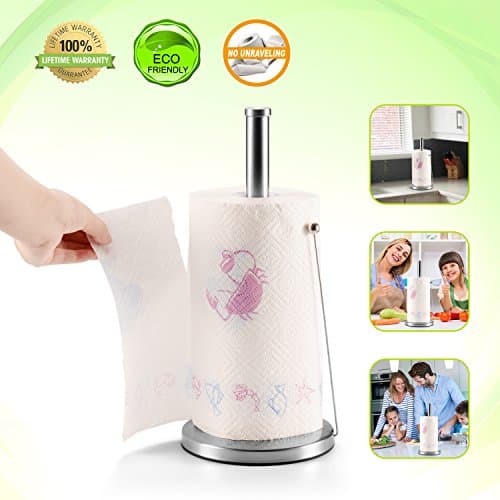 Paper Towel Holder, Kitchen Towel Holder Adjustable Arm Compact Easy Tear Sturdy Stainless Steel Standing Paper Towel Dispenser Stand with Weighted Base for Tissue and Garbage Bags in Roll