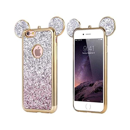 iPhone 6 6s Case, iphone 6 colour case,Lovely Animal 3D glitter bling Mouse Ears with sparkly glitter soft rubber Case for Apple iphone 6 by RoseTag (Silver/Pink)