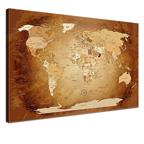 LanaKK World MAP Brown Colourful with Cork Back Pane Precious Canvas Picture Board for Globetrotters, brown, 120 x 80 cm, one piece by LanaKK