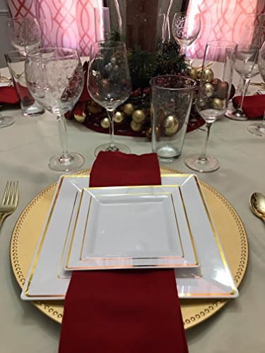 Square White Disposable/Reusable Plastic Plates With Gold Rim 30 Pack-15-9.5 Inch Dinner + 15-6.5 Inch Dessert/Salad for Wedding Anniversary Christening all Events and Parties (30, White)