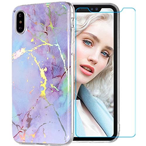 Folice iPhone XR Case, IMD Slim-Fit Ultra-Thin Marble Design [Tempered Glass Screen Protector] Anti-Scratch Shock Proof Dust Proof Color Plating TPU Case for Apple iPhone XR 6.1" (Pink Purple)