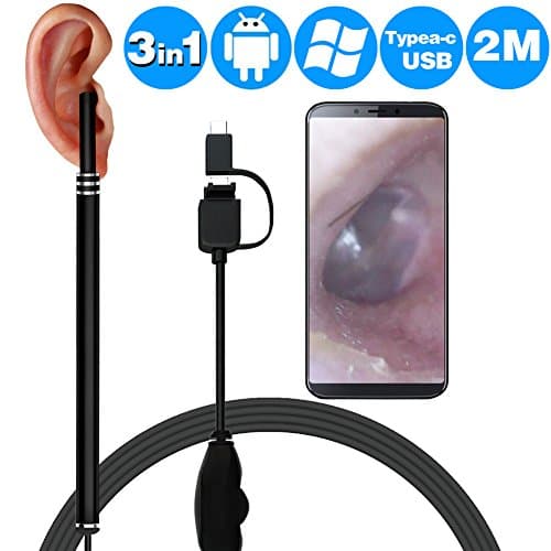Copecam Ear Cleaning Endoscope, 3 in 1 USB Borescope Inspection Ear Wax Remover HD Camera Visual Earpick Tool with 6 Adjustable LED for Android, Windows, MAC, PC,Micro USB,Type c-Black