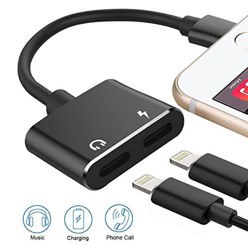 Dual Lightning Adapter, KOLIER 2 in 1 Lightning Adapter, Headphone Audio + Charge Cable Splitter for iPhone X / 8 Plus / 8 / 7 Plus / 7, Support iOS 10.3 or later (Black)