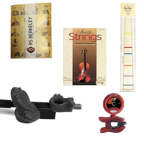 Violin Players Instructional Pack (For 1/8 Size Violin)- Essential Beginners Pack for the Violin Includes: Black Bow Hold Buddy Violin Teaching Aid, Don't Fret Position Indicator for 1/8 Violin, Band Folder, Strictly Strings Book 1 for Violin, &amp; Tuner &amp; Metronome
