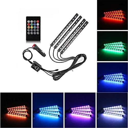 Eornmor Multicolor Music Car Interior Light 4PCS 48 LEDs Car LED Strip Lights Glow Neon Decoration Lamp with Sound Active Function and Wireless Remote Control