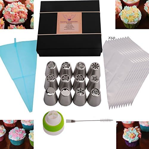 Russian Piping Tips 25 PC Set (12 Russian Tips,1 Tri-Color Coupler, 1 Silicone, 10 Disposable bags &amp; Cleaner Brush)