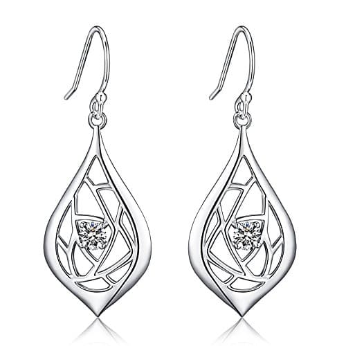 Sterling Silver Rose Design Dangle Earrings With 4.0mm/0.43ct Hearts &amp; Arrows Cutting Simulated Diamonds