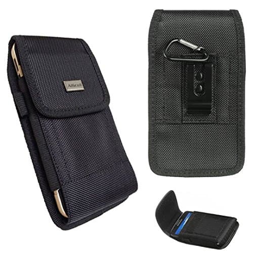Huawei Ascend Mate 2 / Ascend XT / Mate 9 ~ Pouch Holster Black Rugged Nylon Canvas Carrying Case With Stainless Belt Clip Belt Loops [Vertical Horizontal] And Carabiner Hook (Black)