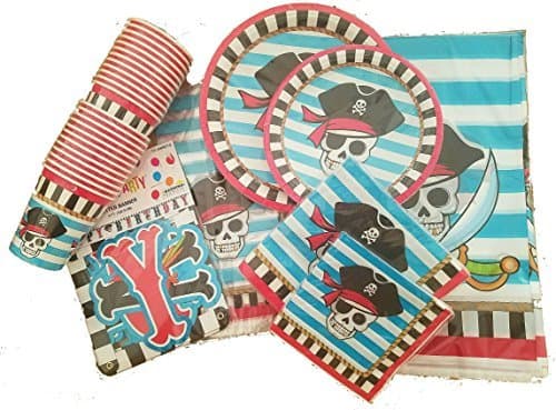 Pirate Birthday Party Tableware Party Supplies Pack Bundle with Plates, Napkins, Cups, Tablecloth, Banner and Treat Bags (Serves 16)