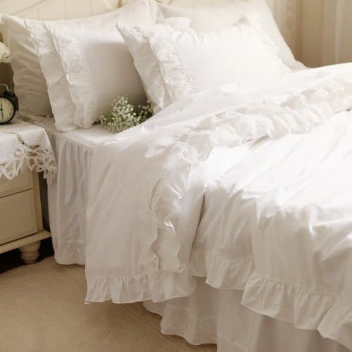 DIAIDI Home Textile,White Lace Ruffle Bedding Set,Luxury Bedding Set,Ruffle Bedding,Queen/King,4Pcs