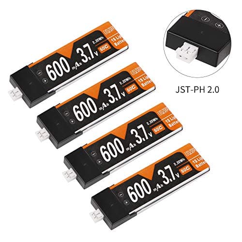 Makerstack 4pcs 600mAh 1S lipo 3.7V 50C LiPo Battery Rechargeable with JST-PH 2.0 PowerWhoop mCPX Connector for Inductrix FPV Plus Tiny Whoop FPV Racing Drone