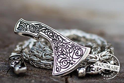 Set of Square Sterling Silver Viking Chain with Wolf Tips and Axe Pendant with Floral Ornament