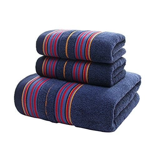 Zhenxinmei 3 Pack Natural Cotton Towel Sets - Include 2 Face Towels &amp; 1 Bath Towel Soft Easy Care Striped Washcloths Eco-Friendly Highly Absorbent Multi-Purpose Facecloth Machine Washable (Dark Blue)
