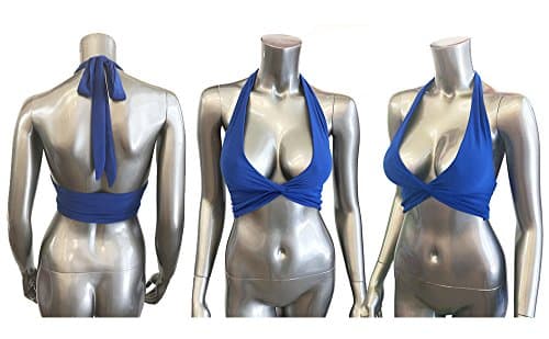 DYWB Women's Twisted Knot Front Bust Wrap Crop Bodycon Back Tie Band Halter Solid Top (Large, Blue)