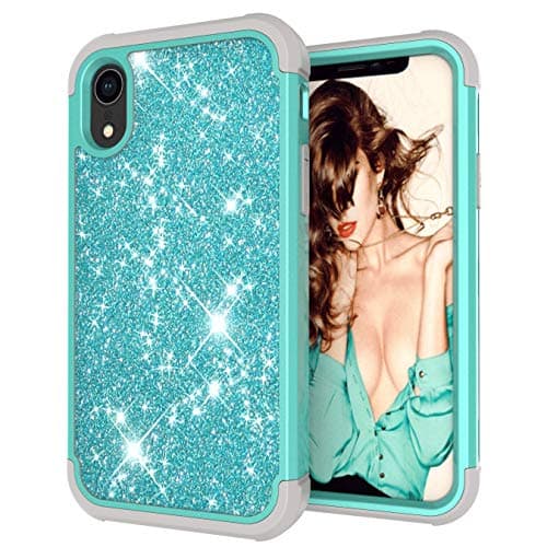 Case for iPhone XR, Ankoe 3D Luxury Glitter Sparkle Bling Shiny Hybrid Sturdy Armor Defender High Impact Shockproof Protective Cover Case for Apple iPhone XR 2018 (Mint+Gray)