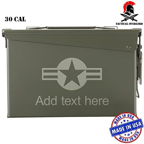 Personalized Custom 30 Cal Ammo Can Box New Steel Ammo Box Military &amp; Army M19A1 for Long Term Waterproof Ammunition &amp; Valuables Storage Laser US Air Force Stars and Stripes Add Your Text