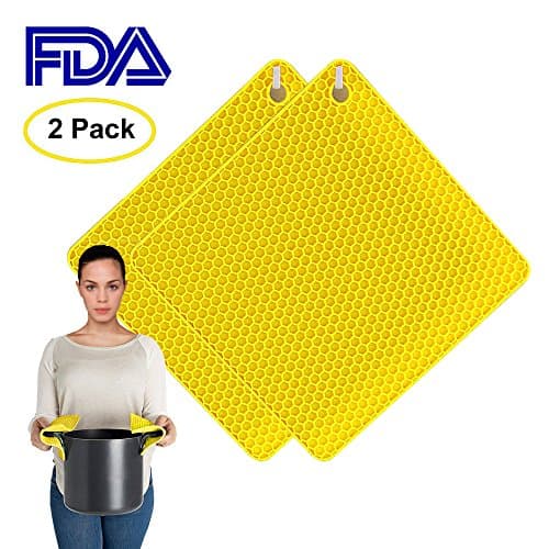 Samshow 4-in-1 Silicone Pot Holders,Trivet Mat,Jar Opener,Spoon rest,Flexible &amp; Durable,Heat Resistant Mat Square Honeycomb Pattern Set of 2(yellow)