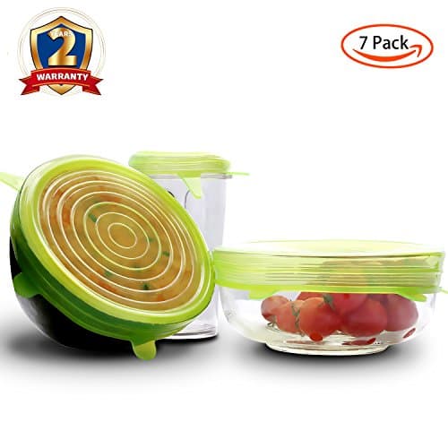 Silicone Stretch Lids - 7-pack Reusable Silicone Food Covers (includes Exclusive XL Size) , Silicone lids for Cups/Bowls/Containers/Food, Durable Freezable BPA Free FDA Approved Food lids (Green)