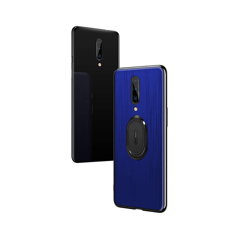 Pacyer Case Compatible with OnePlus 7 Pro Cover, Plaid Cloth TPU Case Cover Rotating Ring Kickstand Compatible with Magnetic Car Mount Function Soft Edges Protective Case Shell (Blue)
