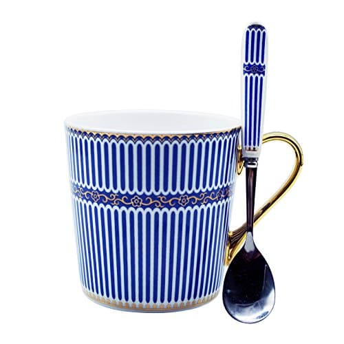 12 oz Ceramic Coffee Mug with Spoon, Novelty Espresso Hot Coffee Tea Milk Cup with Unique Blue Stripes Design and Gold Handle