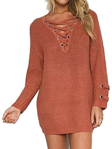 Summer Jun Women's Lace Up Front V Neck Long Sleeve Knit Sweater Dress Top