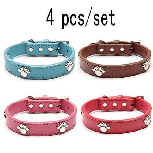 4 pcs/set Leather Dog Collar with Paw Charm for Small Dogs S 8-11 inches 30 cm