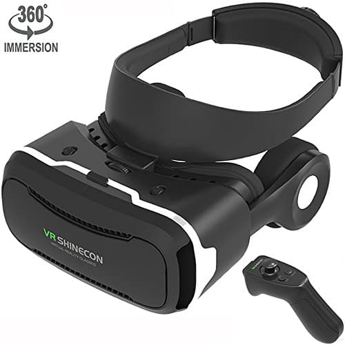 VR Shinecon Headset with Stereo Headphones and Bluetooth Remote 3D Movie Games Glasses Virtual Reality Headset Goggles Helmet fits the Myopia for 3.5 - 6.0 inches Android &amp; iOS Smartphones (Black)