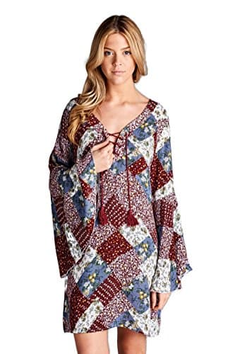 Velzera Multi Floral Patchwork Print Tunic Dress Boho Chic Reg &amp; Plus Size (Small, Red)