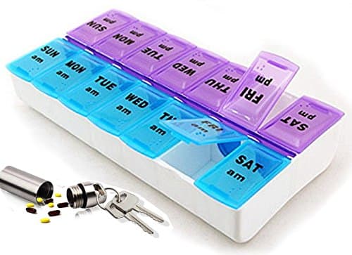 Cheenjo 7 Day Pill Box, Tablet Storage Box with Water-proof Air-tight Aluminum Alloy Pill Case Keychain Clip Lids AM/PM Medicine Organiser Box Holding Aspirin Cold Tablets Travel Dispenser