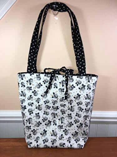 White with Black Roses Reversible Tote Bag, Small Project Bag