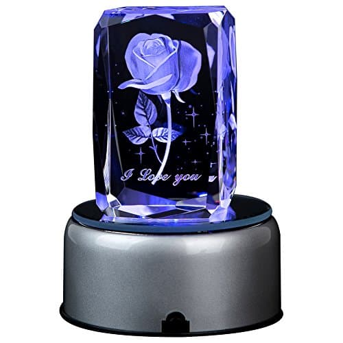 IFOLAINA Crystal Gift 3d Laser Crystal Subsurface Engraved Blooming Rose with Rotary LED Plastic Stand Fading Light Multicolor
