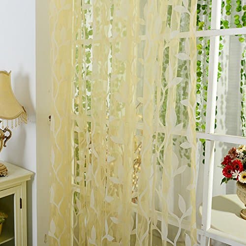 Proumy Sheer Curtain Leaf Pattern Tulle Window Treatment Voile Drape Valance 1 Panel Fabric (Yellow)
