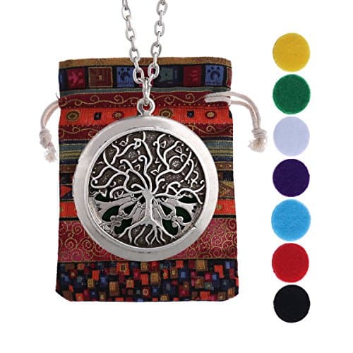 Aromatherapy Essential Oil Diffuser Antique Silver Lockets Tree of Life Celtic Knots Pendant Necklace + Link Chain + 7pcs Random Color Refill Pads + Gift Pouch (XSH-515)