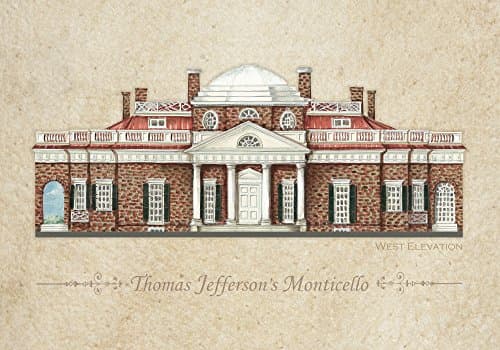 THOMAS JEFFERSON'S MONTICELLO - ARCHITECTURAL RENDERING by CHUCK FISCHER --- WEST ELEVATIONS - Printed on Highest Quality Acid-Free Watercolor Paper -- 14 in. by 20 in.