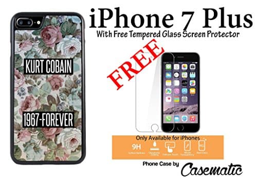 iPhone Case Nirvana Kurt 1967 Forever Floral Rubber Black Phone Case For Apple iPhone 7 Plus With Free .33 mm Premium Tempered Glass Screen Protector by Casematic Wireless Phone Accessory