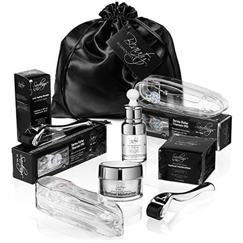 X2 Derma Roller Kit For Face | 0.25mm and 0.30mm 540 Titanium Microneedle Rollers | Pure Organic Vitamin C 20%, Hyaluronic Acid Serum | Large 1.7oz Soothing Retinol Moisturizing Cream!