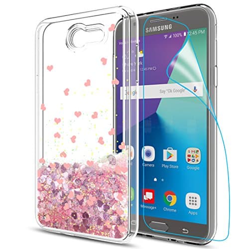 Galaxy J7 Perx Case, J7 Prime / J7 V / J7 Sky Pro / Halo Case with HD Screen Protector for Girls Women,Aree Cute Shiny Glitter Moving Quicksand Bling Liquid Case For Samsung Galaxy J7V 2017 Rose Gold
