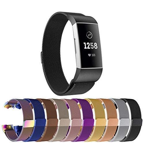 Replacement Compatible Fitbit Charge 3 Bands /Charge3 SE Metal Bands Wristband Accessory Magnetic Breathable Sport Bracelet Strap Small & Large for Women Men Silver Black 10 Colors JOY001