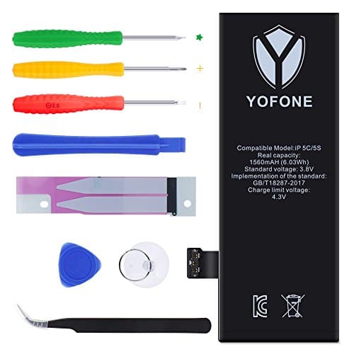 YOFONE Battery Model 5S or 5C, with Complete Repair Tools Kit, 2 Pcs Glue Adhesive &amp; Instruction - 0 Cycle Li-ion Replacement Battery [365 DAYS Warranty]