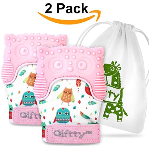 Two Baby Teething Mittens by Giftty, Soothing Teether Mitt & Teething Pain Relief Toy, Prevent Scratches Glove, Cute Animal Owl Collection, Unisex for 0-9 Months Baby (2-Mittens, 1 Travel Bag, Pink)?